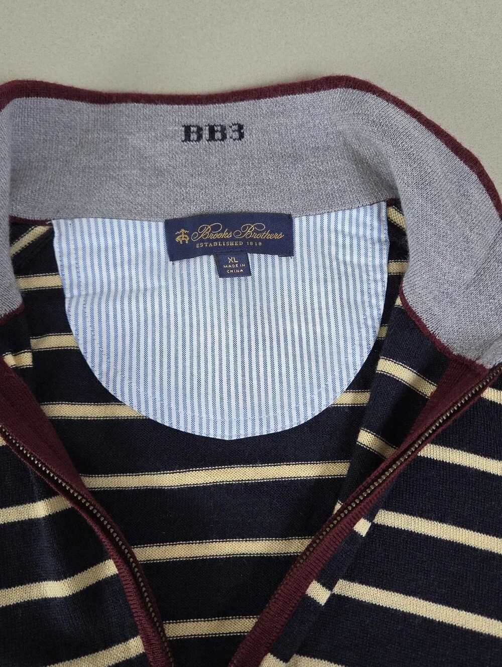 Brooks Brothers Mens Wool Half-Zip SweateR -NAVY/YELLOW STRIPES -XL